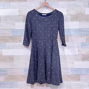 LE LIS Hacci Knit Polka Dot Dress Blue White 3/4 Sleeve Stretch Womens Medium